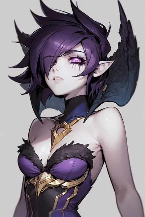 masterpiece, best quality, 1girl, morgana, dark purple hair, hair over one eye, short hair, purple eyes, pointy ears, (grey skin:1.3), bare shoulders, closeup, sketch, solo, simple background <lora:Morgana:1>