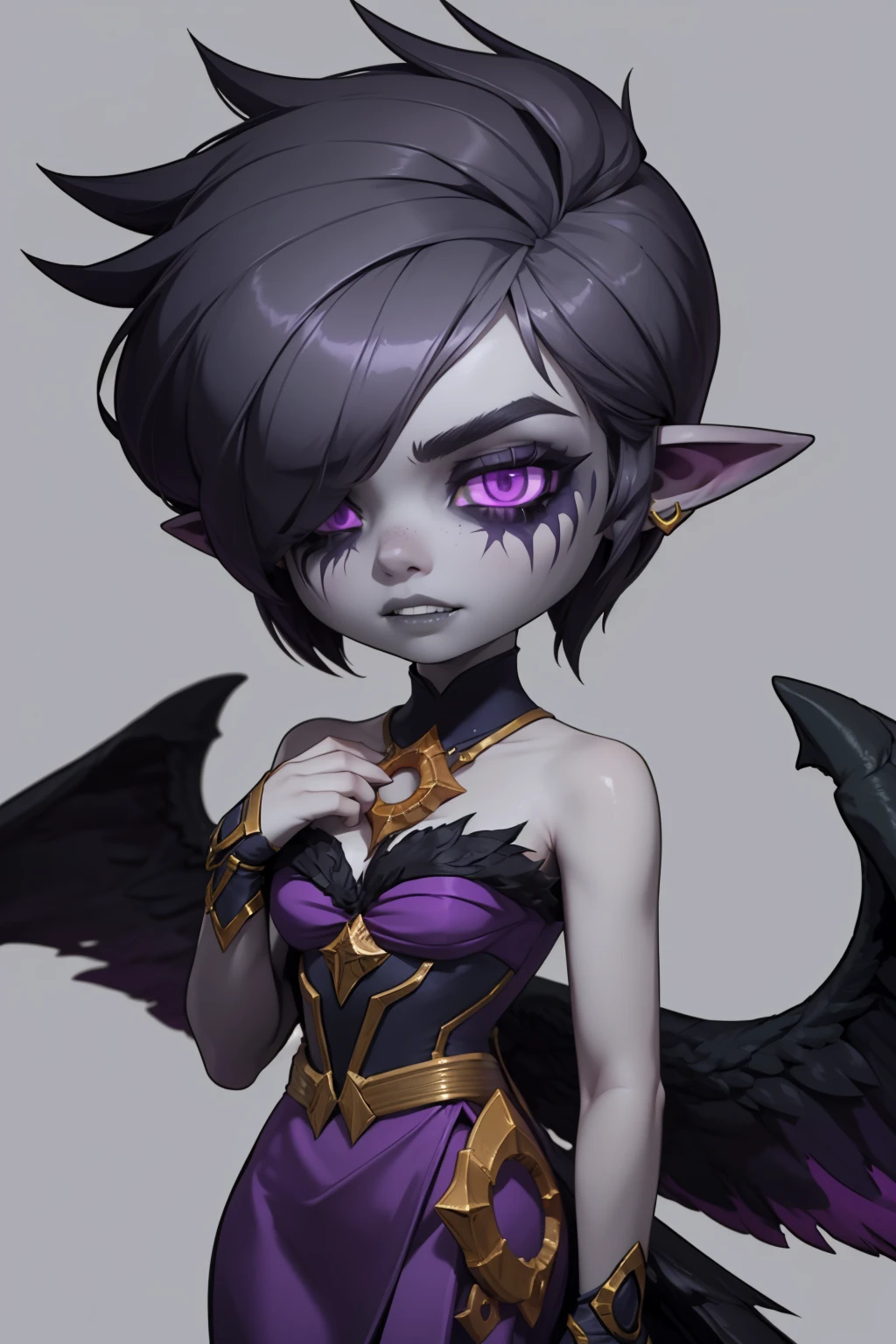 masterpiece, best quality, 1girl, morgana, black hair, hair over one eye, short hair, purple eyes, pointy ears, (grey skin:1.3), bare shoulders, purple dress, wings, solo, simple background, chibi <lora:maplestory_LoCon:0.8> <lora:Morgana:1>