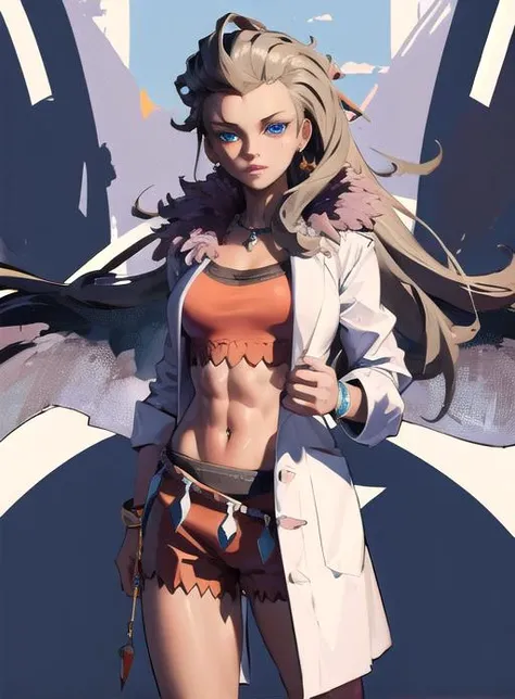 best quality, (masterpiece:1.5),(ultra-detailed), (high quality:1.3), (high resolution), <lora:sada:0.7>, blue eyes, professor_sada, shorts,looking at viewer, crop top, lab coat, perfect eyes,