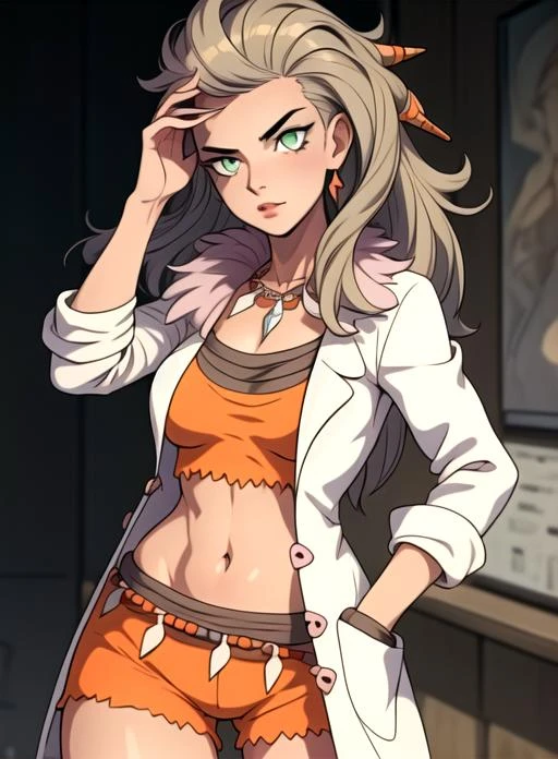 best quality, (masterpiece),(ultra-detailed), (high quality), (high resolution), <lora:professor_sada:0.7>, professor sada,navel, green eyes, detailed eyes, perfect faces, shorts, necklace, labcoat, <lora:add_detail:0.5> , orange_clothes