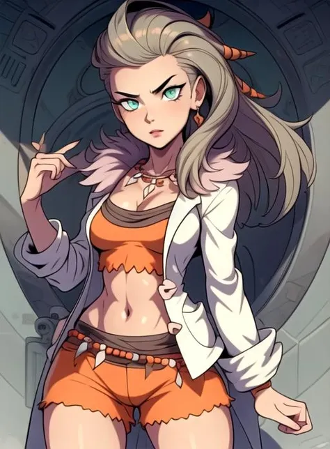 best quality, (masterpiece),(ultra-detailed), (high quality), (high resolution), <lora:professor_sada:0.7>, professor sada,navel, green eyes, detailed eyes, perfect faces, shorts, necklace, labcoat,  <lora:add_detail:0.5> , orange_clothes