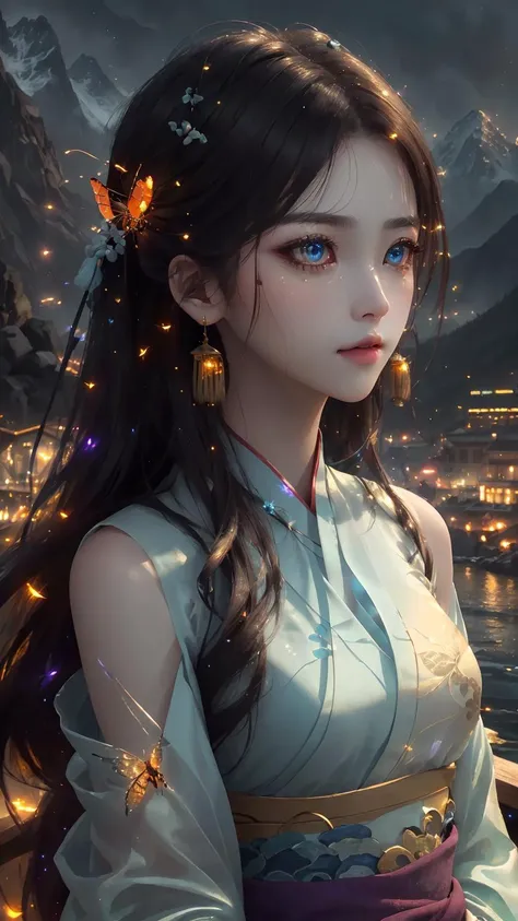 best quality, masterpiece, highres,
1girl, Detailed face, (Upper body:1.6), Cyber cities, mountains and rivers, night, firefly lights, Realistic, rich in detail, (White hanfu:1.2), (beautiful body:1.4),
<lora:Refractionjade:0.7>,