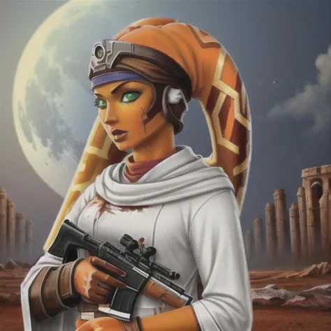blood soaked, ((((twilek)))), ((orange skinned)) woman with (((green eyes))) holding a rifle, white robes, blood moon, outdoors, abs, full body, blood on hands, 1girl,  blood on face, blood on clothes, blood on body,  gorgeous, alluring, blood on face, ring on finger, fantasy art, dungeons and dragons