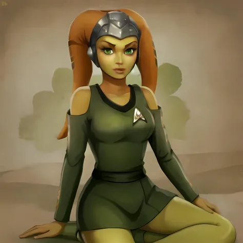 1girl, twilek, (orange_skinned), (green_eyes), petite, green tosunfm dress, star trek badge, fullbody