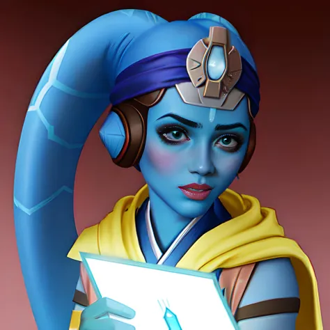 Blue skinned jedi girl, [blushing], wearing brown robes, twi'lek
