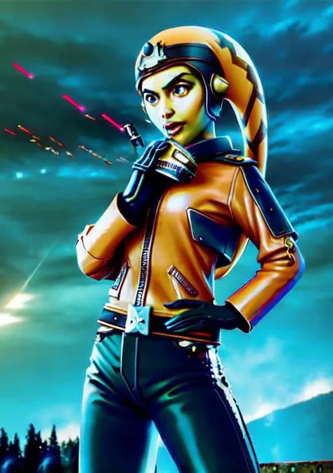 orange skinned, twilek, 1girl, blue leather jacket, red t-shirt, black leather pants, rain, wet, shooting lightning from her hands