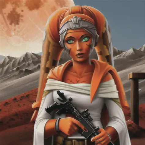 blood soaked, ((((twilek)))), ((orange skinned)) woman with (((green eyes))) holding a rifle, white robes, blood moon, outdoors, abs, full body, blood on hands, 1girl,  blood on face, blood on clothes, blood on body,  gorgeous, alluring, blood on face, ring on finger, fantasy art, dungeons and dragons