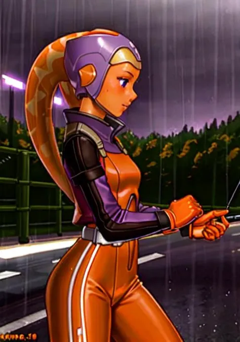 (((orange skinned))), twilek, 1girl, ((purple jump suit)), archery, rain, wet, highway, night, rainy, thunderstorm