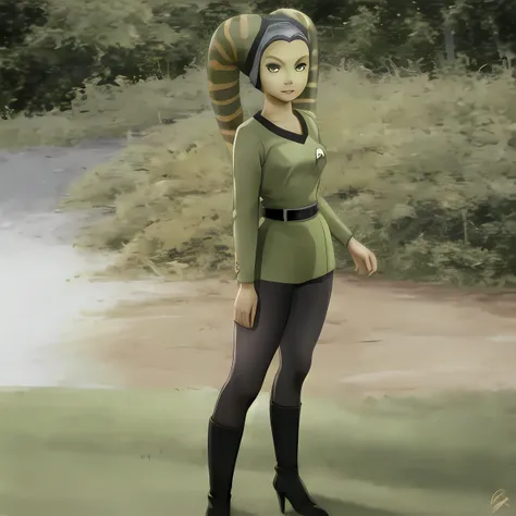 1girl, twilek, (orange_skinned), (green_eyes), petite, green tosunfm dress, black tights, black high heels, star trek badge, fullbody, standing, forest