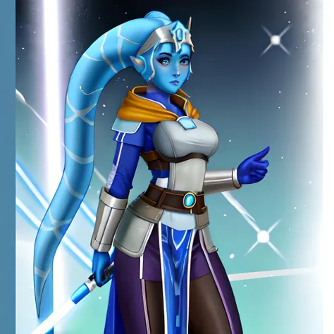 (Blue skinned) jedi girl, [blushing], wearing blue and white robes, twi'lek, medium breasts, pelvic curtain