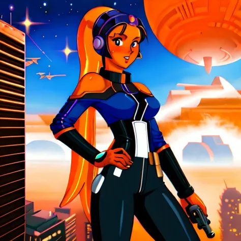 (((orange skinned))), jedi girl, [blushing],  twi'lek, dark magician girl, medium breasts, cityscape, looking at viewer, sci fi, digital illustration, shiny skin,  switchblade, (holstered gun), 1990S \(style\), retro artstyle