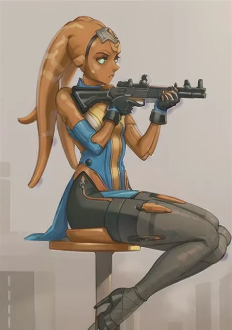 1girl, orange skinned, orange twilek, torn blue evening gown, slit, ripped black tights, high heels, stressed, shooting a Mauser c96 pistol with both hands, gunfire, taking cover, flipped table, detailed green eyes, gunfight