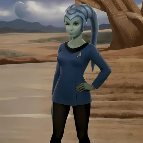 1girl, twilek, (blue_skinned), (green_eyes), petite, (red tosunfm dress), (black tights), black high heels, star trek badge, fullbody, standing, desert