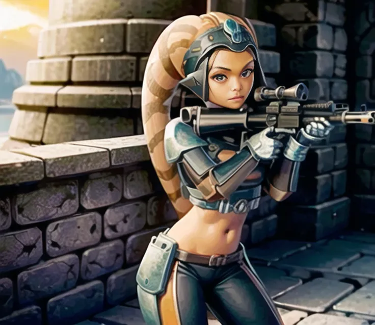1girl, twilek, green_eyes, (orange_skinned), medium breasts, purple_jumpsuit, looking at viewer, standing, casino, defiant, sniper_rifle