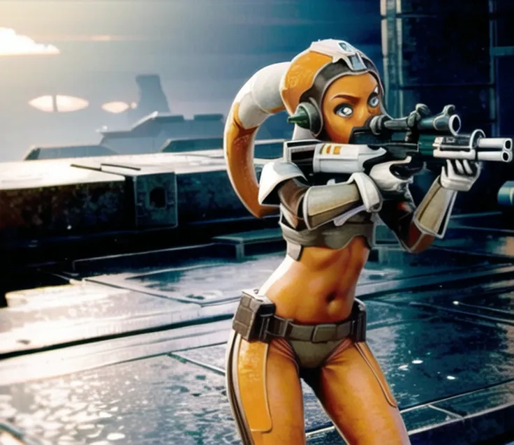 1girl, twilek, dungeon, (orange skinned), green eyes, <lora:Environment - StarWars:1>, Imperial Base, ((aiming a sniper rifle)), brave, bandoleer, (white scifi armor)