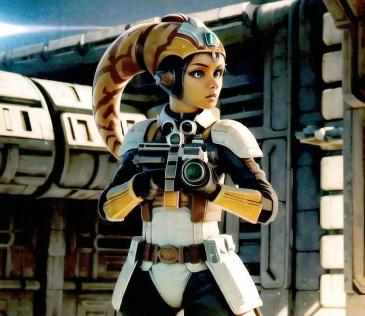 1girl, twilek, dungeon, (orange skinned), green eyes, <lora:Environment - StarWars:1>, Imperial Base, ((aiming a sniper rifle)), brave, bandoleer, (white scifi armor)