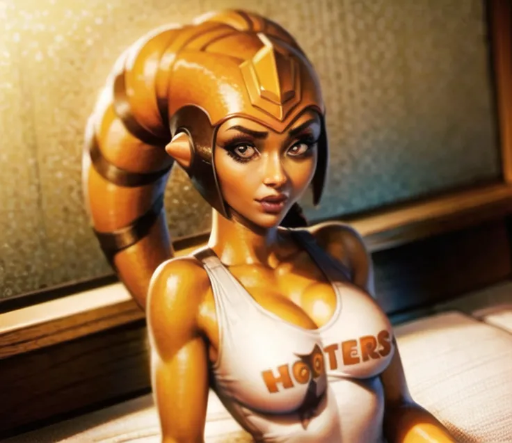 1girl, orange skinned, green eyes, twilek, hooters