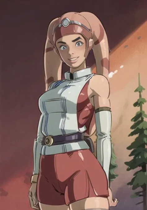 ghibli style, red twilek, in a rebel trooper uniform, red colored skin, (very detailed background:1.5), outdoors, 1girl, blue eyes, blue thighhighs, blush, breasts, bubble, detached sleeves, upper body, looking at viewer, medium breasts, smile, solo, water,((masterpiece)), oversized shirt