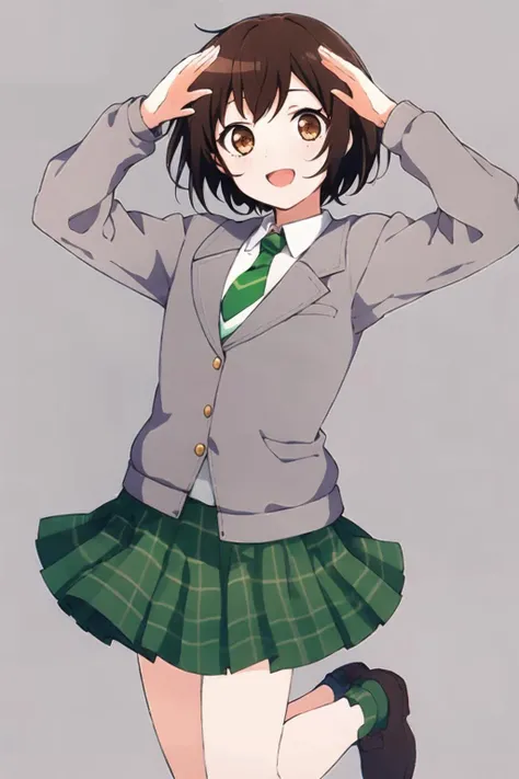 masterpiece,1girl,(elite:1),jumping,
looking at viewer,hazawa tsugumi, short hair, brown hair, brown eyes,
,green necktie,,green skirt, plaid skirt,(grey jacket:1.2), short hair, (striped necktie:1),