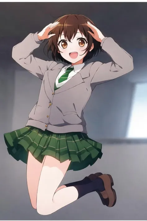 masterpiece,1girl,(elite:1),jumping, 
looking at viewer,hazawa tsugumi, short hair, brown hair, brown eyes,
 ,green necktie,,green skirt,  plaid skirt,(grey jacket:1.2), short hair, (striped necktie:1),