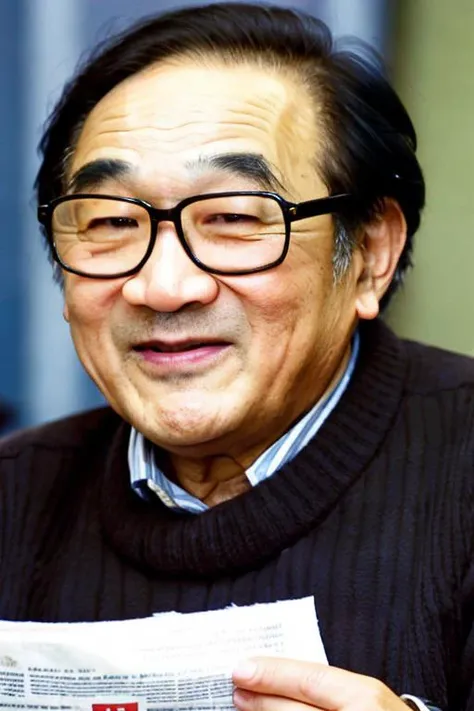 best quality, masterpiece, Asian men,old man, 70 yeas old,mole, solo, lips, grey_background, mole_under_eye, realistic, upper_body, looking_at_viewer, black_hair, brown_eyes, sweater, forehead, nose, turtleneck, Reading the newspaper in the cafe, <lora:yanshunkai:0.8>