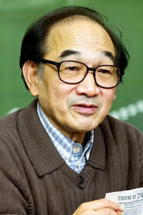 best quality, masterpiece, Asian men,old man, 70 yeas old,mole, solo, lips, grey_background, mole_under_eye, realistic, upper_body, looking_at_viewer, black_hair, brown_eyes, sweater, forehead, nose, turtleneck, Reading the newspaper in the cafe, <lora:yanshunkai:0.8>