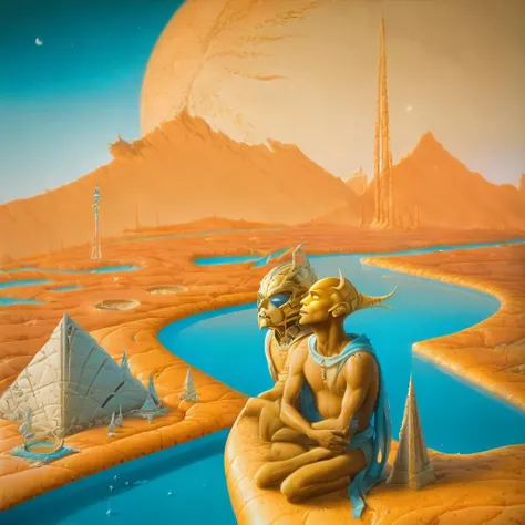 <lora:mwh3l4n:1> two golden colored men sit one wearing a mask one holding a mask beside a pool of water on an orange alien planet with blue water orange mountains and a blue sky with two crescent moons a trail in the sky from a spacecraft and a giant rectangular structure with pyramids and arcitechture in the foreground