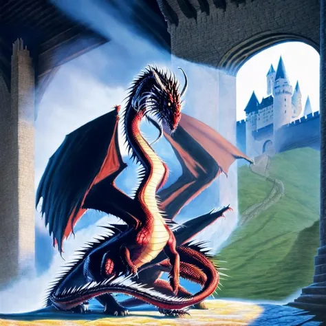 <lora:mwh3l4n:1>dragon in front of castle