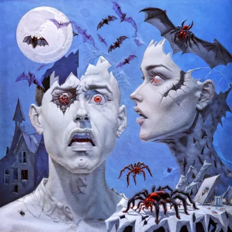 <lora:mwh3l4n:1> portrait of a man in front of a crescent moon with a cracked head and bats flying out of his head and monsters coming out of his body while a small woman is perched on his abstract shoulder by a spider