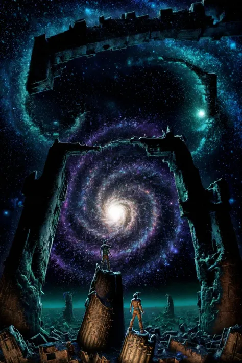 <lora:mwh3l4n:1> man stands on the ruins of a pillar at night looking at a spiral galaxy in the sky