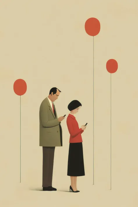 <lora:Alessandro Gottardo style:1>Alessandro Gottardo style - a man and a woman flirting through messages on the cell phone illustration Alessandro Gottardo