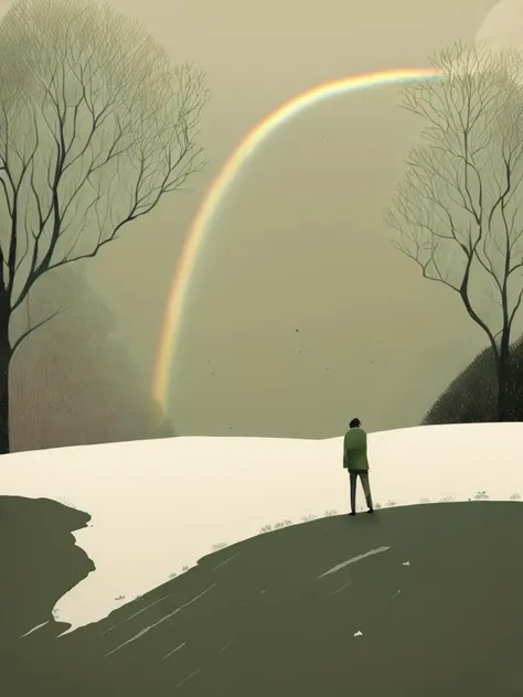 <lora:AlessandroGottardo:1>a rainbow in a blizzard by Alessandro Gottardo, beachfront resort, summer day