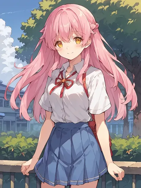 score_9, score_8_up, score_7_up, source_anime, <lora:Shirakawa_Yuni_-_Magical_Girl_Yuni_Defeat:1>,
1girl, solo, pink hair, long hair, hair down, yellow eyes, white shirt, blue skirt, school uniform, outdoors, schoolyard, smile, cowboy shot