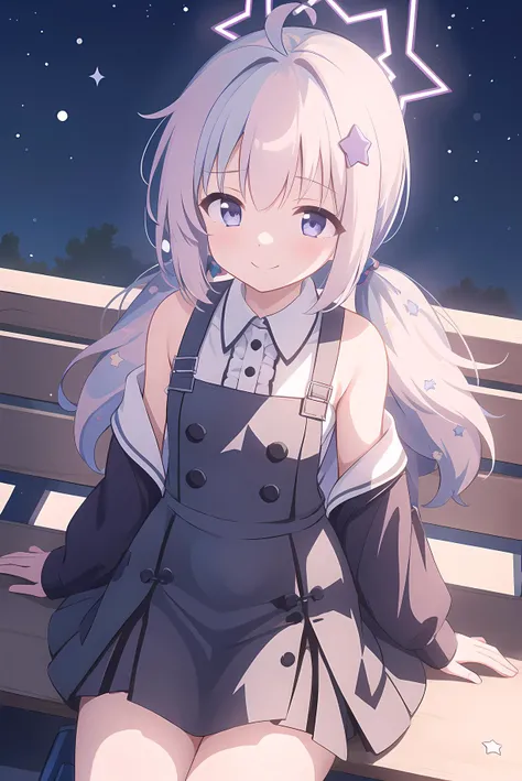 masterpiece, best quality,  little girl, bangs, blush, smile, starry sky, night,  <lora:reisa-v20231007:1> , star hair ornament, star \(symbol\), low twintails, halo, bangs, long hair, starry sky, night, frills, street, top view, sitting on bench, suspender dress,bare shoulders,