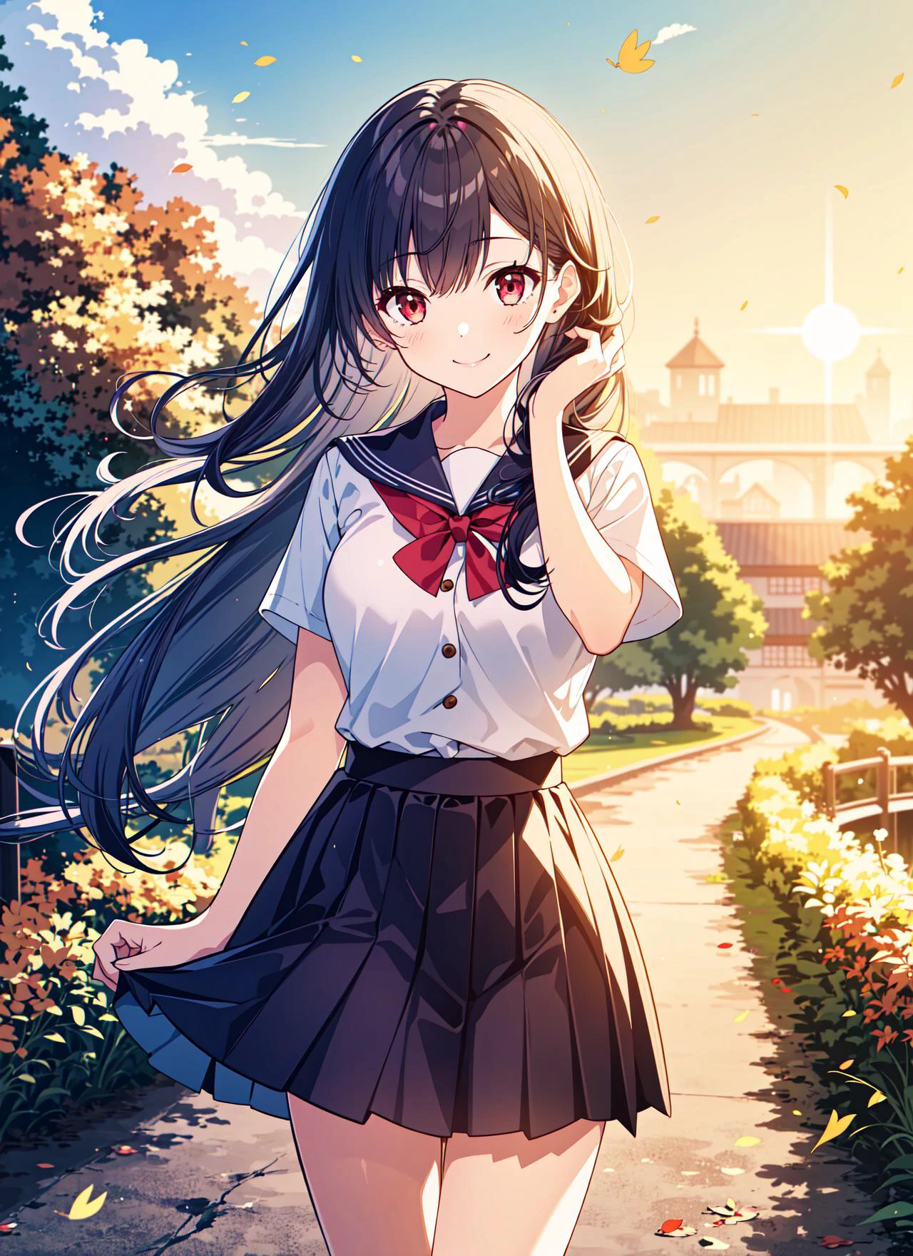 1girl, red eyes, (masterpiece, top quality, best quality, official art, beautiful and aesthetic,:1.2), red eyes,
age, school uniform, sweater vest, riverside, standing, long straight hair, (very long hair:1.2), flying hair, autumn leaves falling and rustling in the wind, colorful flowers blooming along the path, warm and refreshing breeze, smile, blush, windy, sunshine , sunrise, cowboy shot, looking at viewer, (fantasy), (kawaii), (straight on:1.2), (hand in own hair),
wind, (wind lift), (flying skirt:1.2),
<lora:add_detail:0.3>