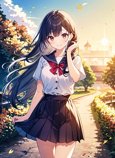 1girl, red eyes, (masterpiece, top quality, best quality, official art, beautiful and aesthetic,:1.2), red eyes,
teenage, school uniform, sweater vest, riverside, standing, long straight hair, (very long hair:1.2), flying hair, autumn leaves falling and rustling in the wind, colorful flowers blooming along the path, warm and refreshing breeze, smile, blush, windy, sunshine , sunrise, cowboy shot, looking at viewer, (fantasy), (kawaii), (straight on:1.2), (hand in own hair),
 wind, (wind lift), (flying skirt:1.2),
 <lora:add_detail:0.3>