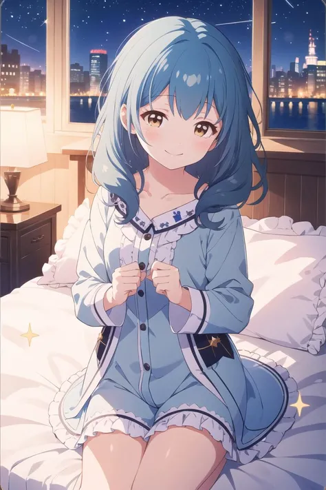 masterpiece, best quality, <lora:kunieda_shiho-v20231029:1>, little girl, frills, bangs, blush, smile, sparkle, brown eyes, blue hair, pillow, white pajamas, starry sky, night