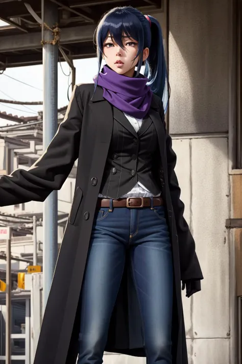 masterpiece, best quality, (masterpiece, best quality), intricate details 1girl, <lora:sigma:0.8> sigma face, facial expression, <lora:TaimaninV1:0.8>, rinko, rinkooutfit, very long hair, blue hair, hair between eyes, high ponytail, sidelocks, purple eyes, coat, black coat, jeans, scarf, indoors