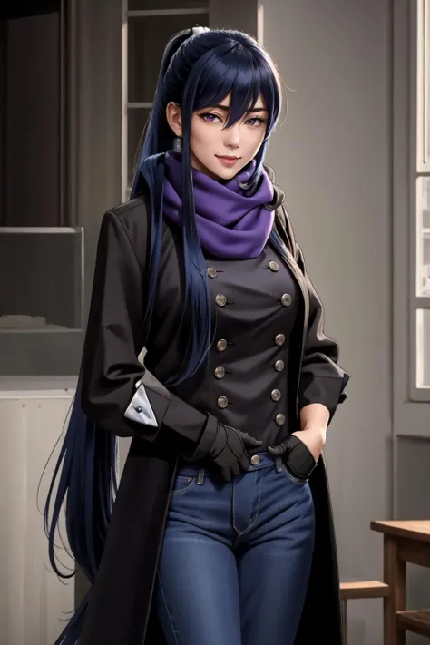 masterpiece, best quality, (masterpiece, best quality), intricate details 1girl, <lora:sigma:0.8> sigma face, facial expression, rinko, rinkooutfit, very long hair, blue hair, hair between eyes, high ponytail, sidelocks, purple eyes, coat, black coat, jeans, scarf, indoors, cowboy shot, standing, looking at viewer, smile,  <lora:TaimaninV1:1>,   <lora:add-detail-xl:1>