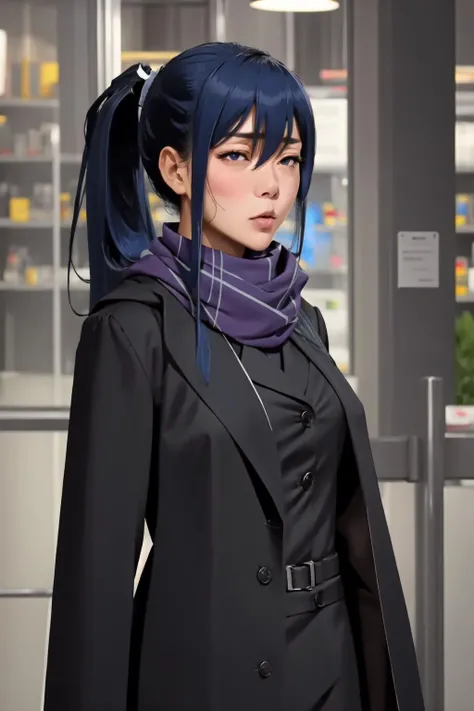 masterpiece, best quality, (masterpiece, best quality), intricate details 1girl, <lora:sigma:1> sigma face, close-up portrait, facing viewer, facial expression, <lora:TaimaninV1:0.8>, rinko, rinkooutfit, very long hair, blue hair, hair between eyes, high ponytail, sidelocks, purple eyes, brown suit, coat, black coat, scarf, indoors