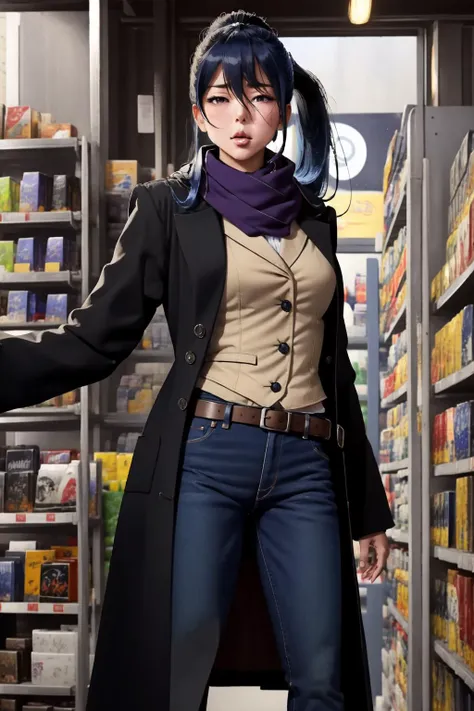 masterpiece, best quality, (masterpiece, best quality), intricate details 1girl, <lora:sigma:1> sigma face, facial expression, <lora:TaimaninV1:0.8>, rinko, rinkooutfit, very long hair, blue hair, hair between eyes, high ponytail, sidelocks, purple eyes, coat, black coat, jeans, scarf, indoors