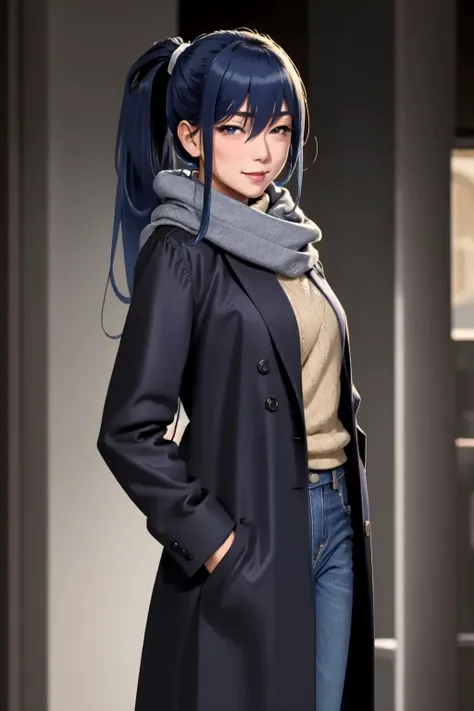 masterpiece, best quality, (masterpiece, best quality), intricate details 1girl, <lora:sigma:0.8> sigma face, facial expression, rinko, rinkooutfit, very long hair, blue hair, hair between eyes, high ponytail, sidelocks, purple eyes, coat, black coat, jeans, scarf, indoors, cowboy shot, standing, looking at viewer, smile, <lora:TaimaninV1:1>, <lora:add-detail-xl:1>