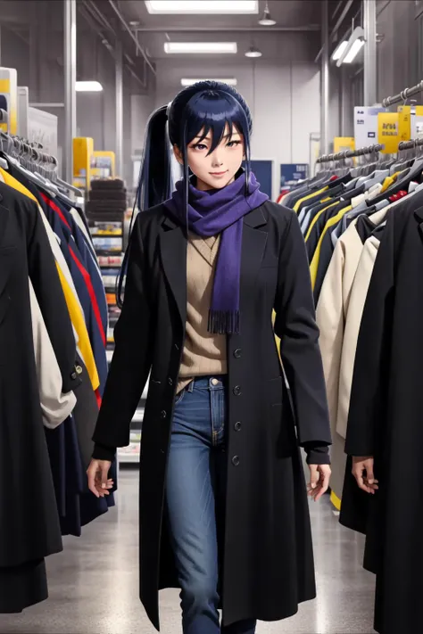 masterpiece, best quality, (masterpiece, best quality), intricate details 1girl, <lora:sigma:0.8> sigma face, facial expression, rinko, rinkooutfit, very long hair, blue hair, hair between eyes, high ponytail, sidelocks, purple eyes, coat, black coat, jeans, scarf, indoors, cowboy shot, standing, looking at viewer, smile, <lora:TaimaninV1:1>, <lora:add-detail-xl:1>