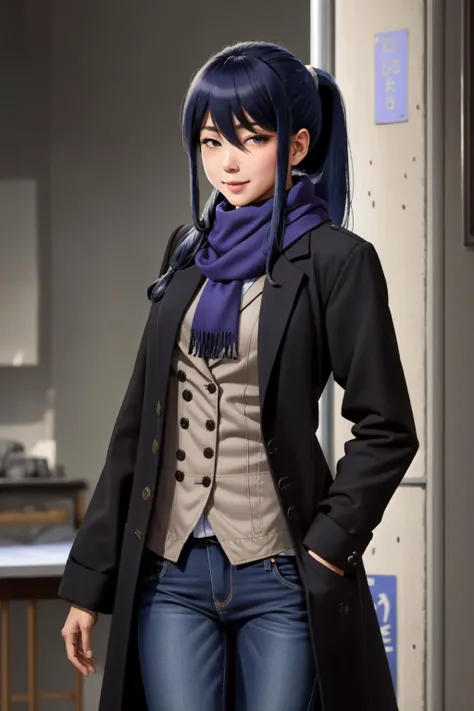 masterpiece, best quality, (masterpiece, best quality), intricate details 1girl, <lora:sigma:0.8> sigma face, facial expression, rinko, rinkooutfit, very long hair, blue hair, hair between eyes, high ponytail, sidelocks, purple eyes, coat, black coat, jeans, scarf, indoors, cowboy shot, standing, looking at viewer, smile,  <lora:TaimaninV1:1>,   <lora:add-detail-xl:1>