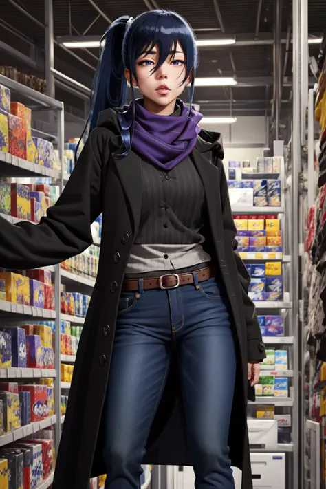 masterpiece, best quality, (masterpiece, best quality), intricate details 1girl, <lora:sigma:0.8> sigma face, facial expression, <lora:TaimaninV1:0.8>, rinko, rinkooutfit, very long hair, blue hair, hair between eyes, high ponytail, sidelocks, purple eyes, coat, black coat, jeans, scarf, indoors