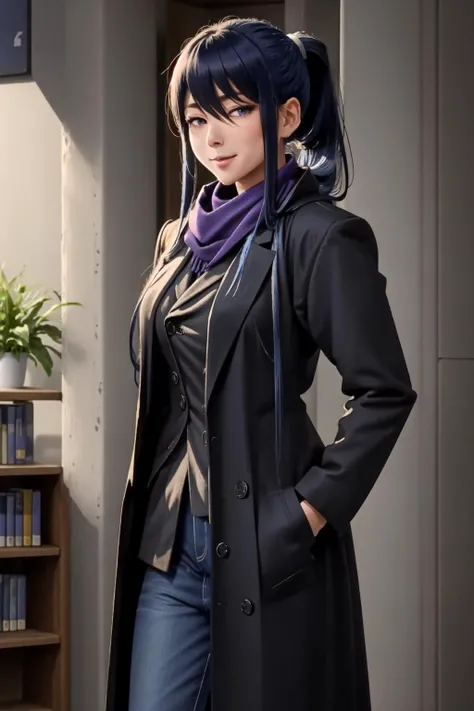 masterpiece, best quality, (masterpiece, best quality), intricate details 1girl, <lora:sigma:0.8> sigma face, facial expression, rinko, rinkooutfit, very long hair, blue hair, hair between eyes, high ponytail, sidelocks, purple eyes, coat, black coat, jeans, scarf, indoors, cowboy shot, standing, looking at viewer, smile, <lora:TaimaninV1:1>, <lora:add-detail-xl:1>