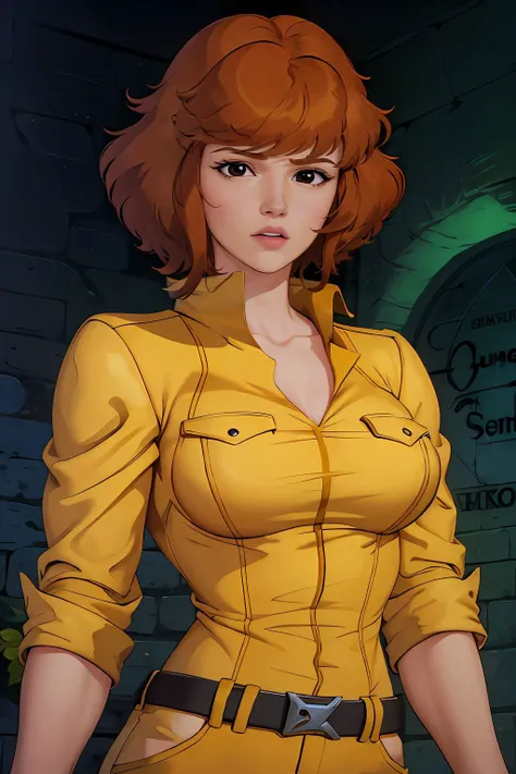 absurdres, april o'neil, 1girl, short brown hair, black eyes, upper body, yellow jumpsuit, sleeves rolled up, white belt <lora:April O'Neil_v1:1>