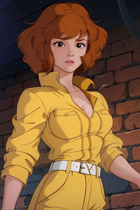 absurdres, april o'neil, 1girl, short brown hair, black eyes, upper body, yellow jumpsuit, sleeves rolled up, white belt <lora:April O'Neil_v1:1>