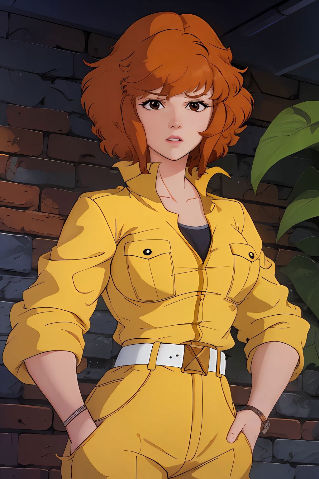 A woman in yellow jumpsuit standing in front of a brick wall - SeaArt AI
