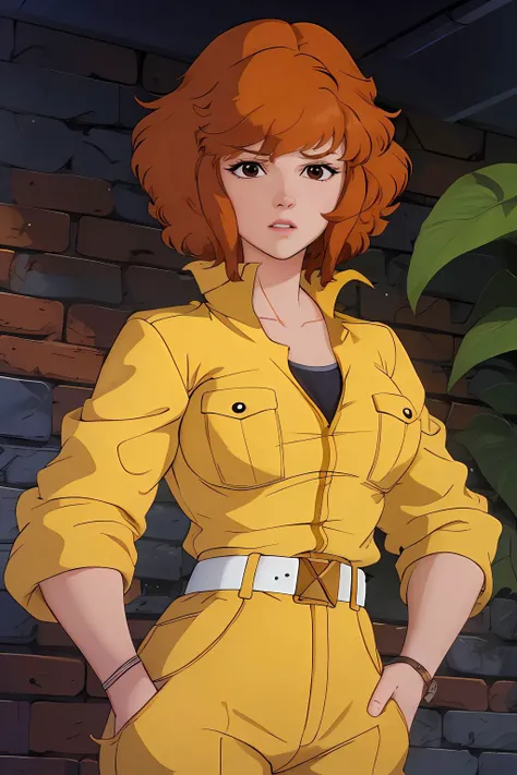absurdres, april o'neil, 1girl, short brown hair, black eyes, upper body, yellow jumpsuit, sleeves rolled up, white belt <lora:April O'Neil_v1:1>
